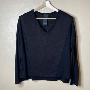 HEATHER BLACK V-NECK LONG SLEEVE EXPOSED SEAM PULLOVER KNIT SWEATER SZ SMALL